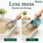 Cat litter scoop demonstration showing cleaner scooping directly into the integrated trash bag.
