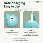 Petifo interactive cat toy charging instructions highlighting Step 1 to open the silicone cover and Step 2 to connect the Type-C cable.