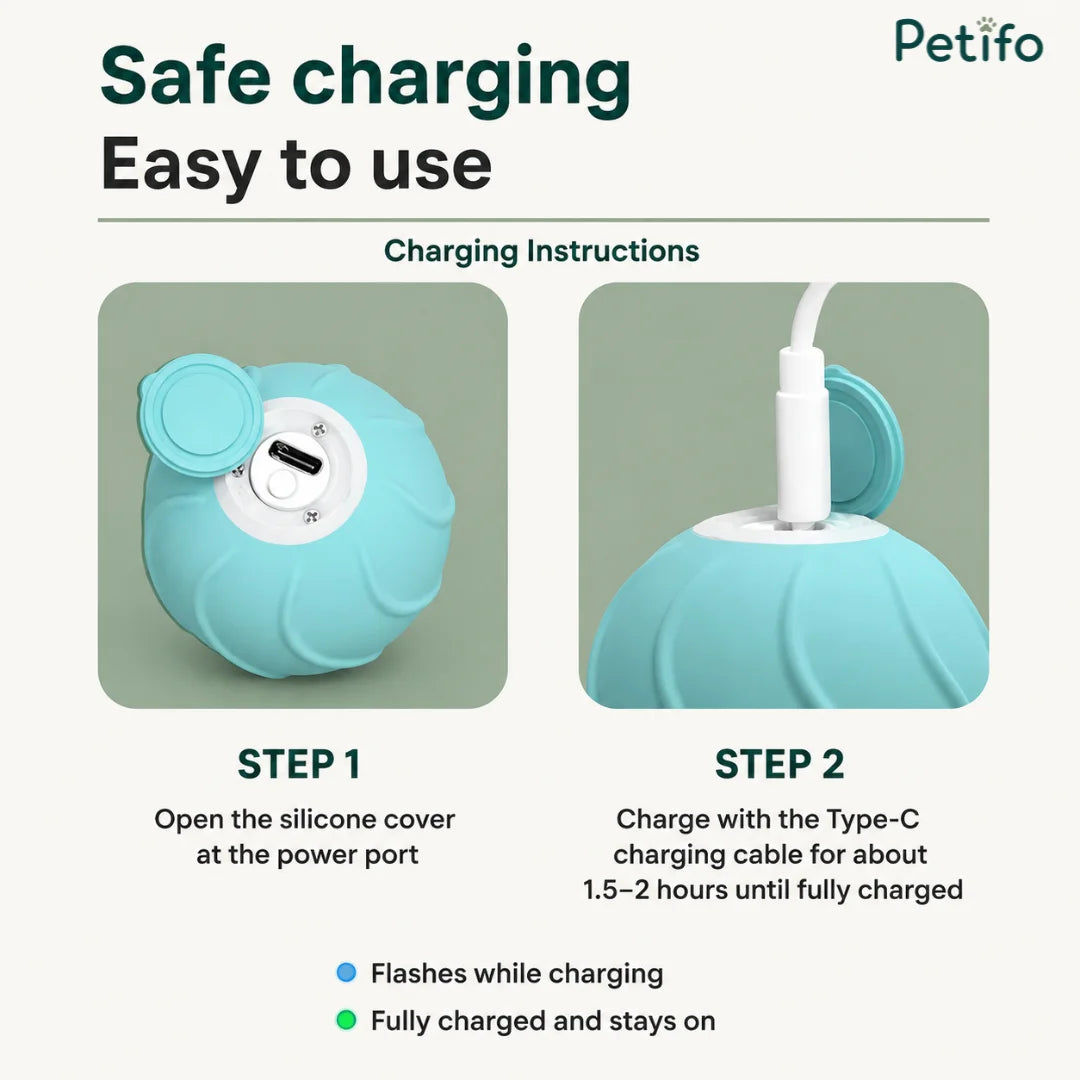 Petifo interactive cat toy charging instructions highlighting Step 1 to open the silicone cover and Step 2 to connect the Type-C cable.