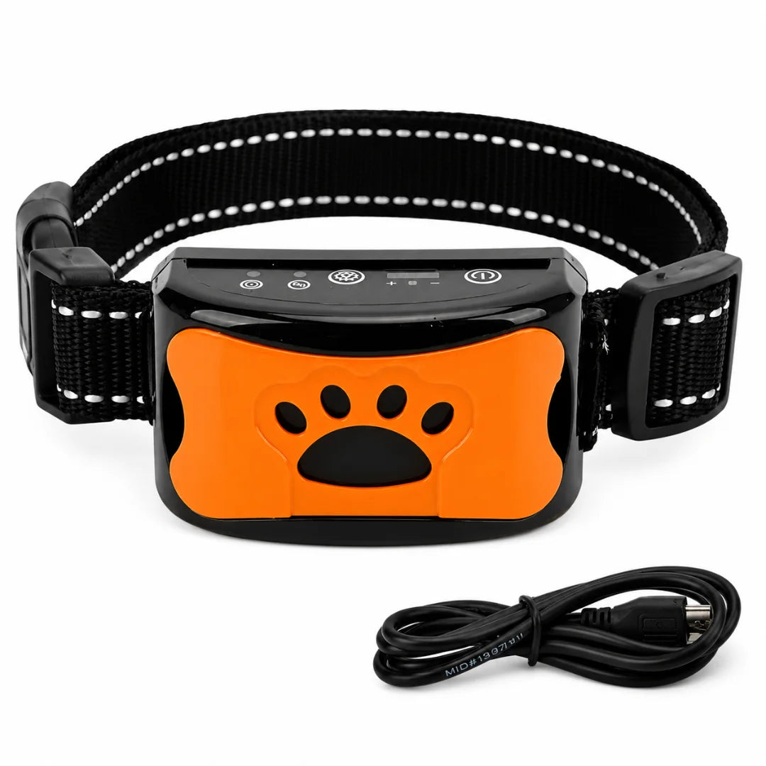 A black anti-bark collar with an orange paw-print faceplate and a USB charging cable.
