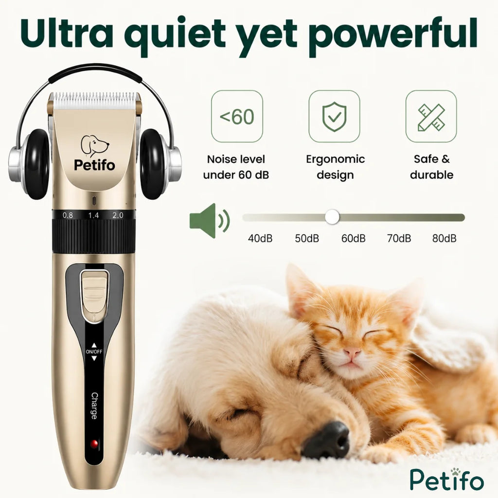 Ultra-quiet gold dog hair clipper paired with a sleeping puppy and kitten.