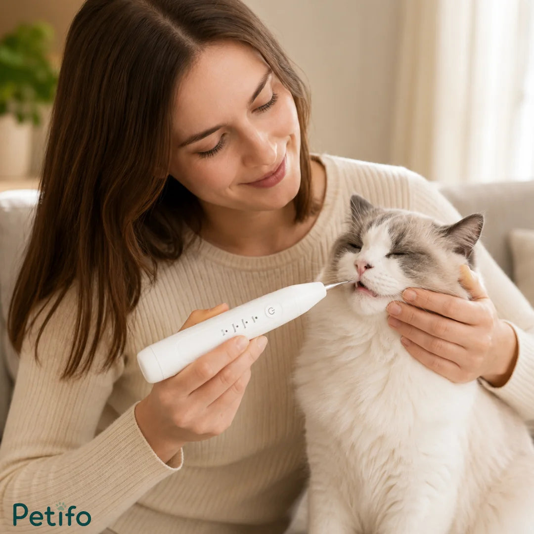 A woman sitting on a sofa gently using the white Petifo Detixy dental cleaner on the teeth of a relaxed, fluffy white and grey cat.