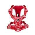 Front view of the vibrant red floral step-in dog harness featuring reflective trim and a sturdy metal D-ring.