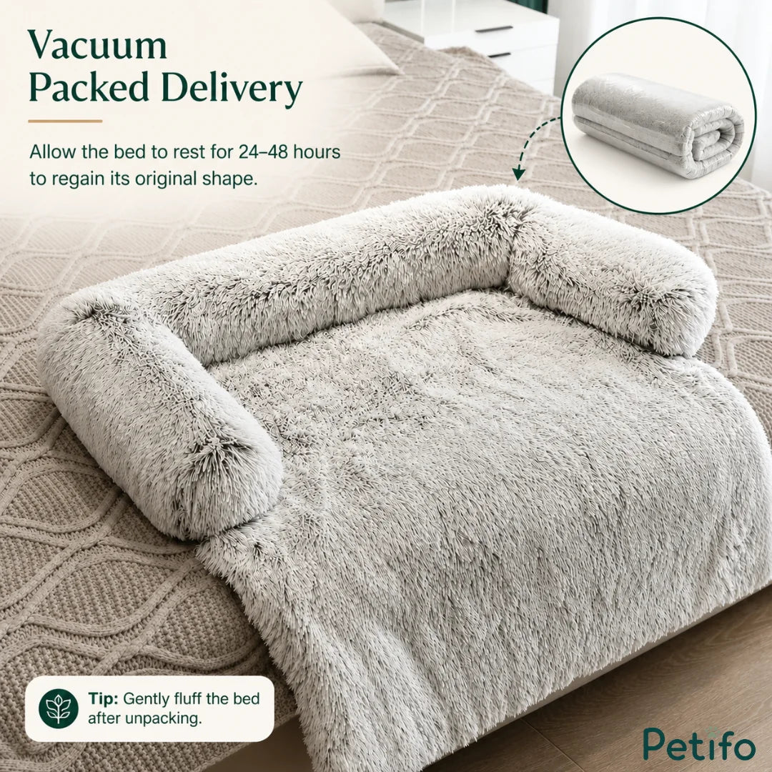 Vacuum-packed delivery packaging for the Petifo plush pet bed with instructions to fluff it up.