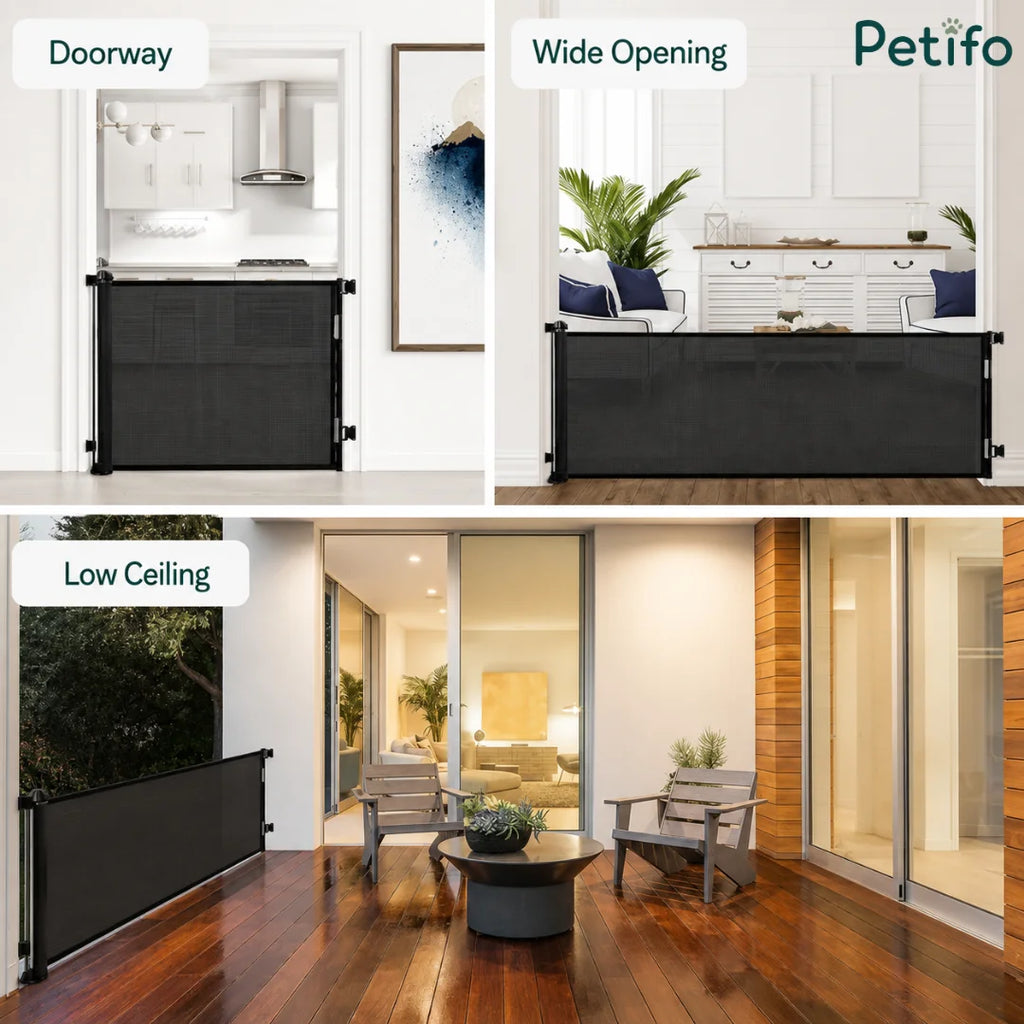Versatile installation examples of the black retractable safety gate across doorways, wide openings, and outdoor low-ceiling areas.