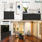 Versatile installation examples of the black retractable safety gate across doorways, wide openings, and outdoor low-ceiling areas.