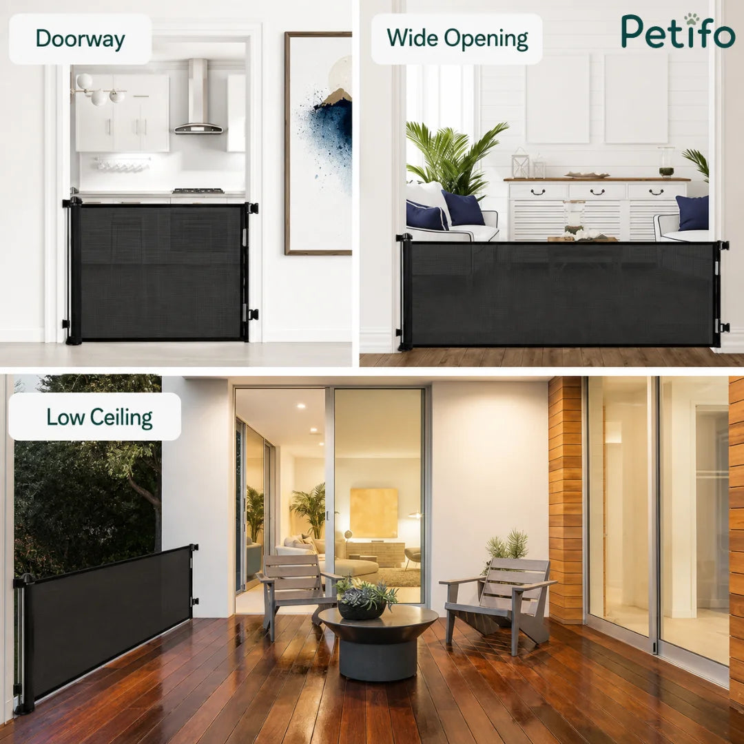 Versatile installation examples of the black retractable safety gate across doorways, wide openings, and outdoor low-ceiling areas.