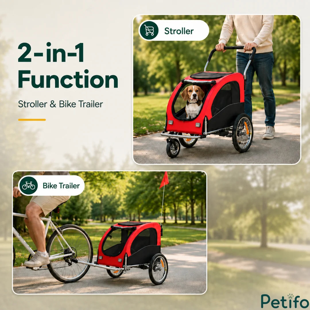 Action shots showcasing the Petifo versatile 2-in-1 product functioning as both a push stroller and a bicycle trailer.