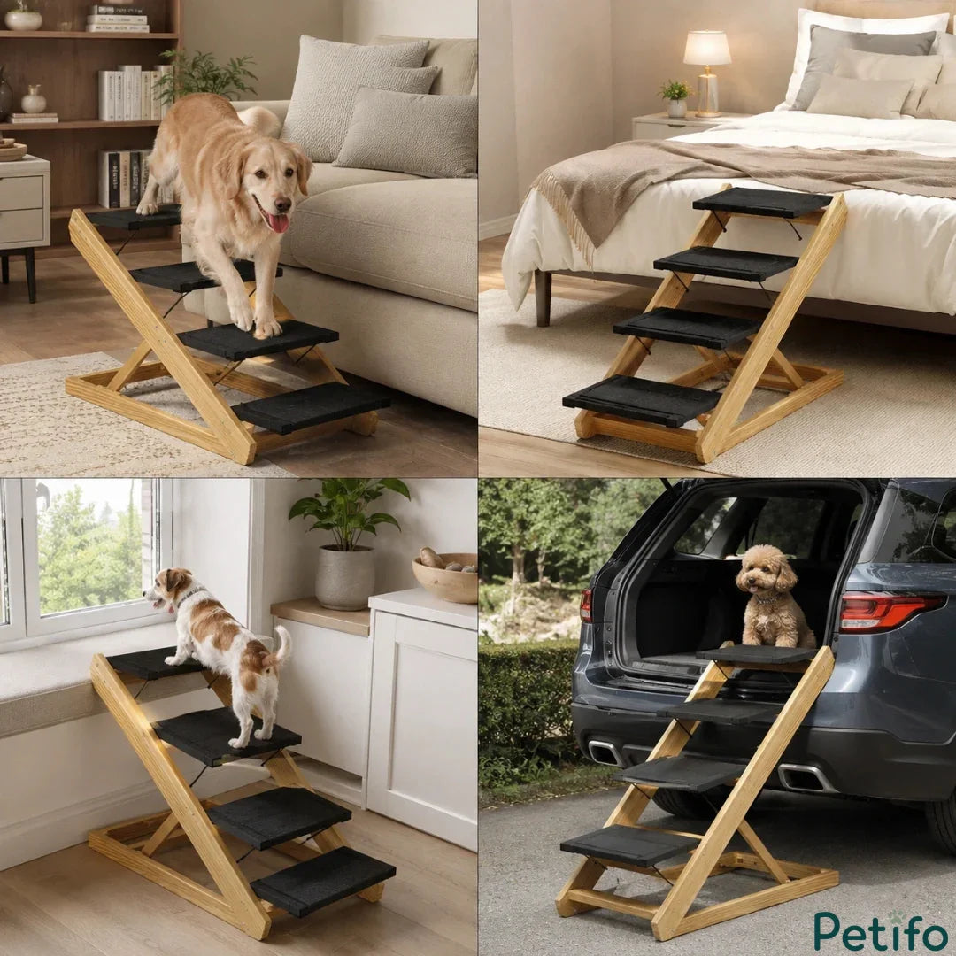 Dogs using versatile wooden pet stairs to safely access a couch, bed, window seat, and car trunk.