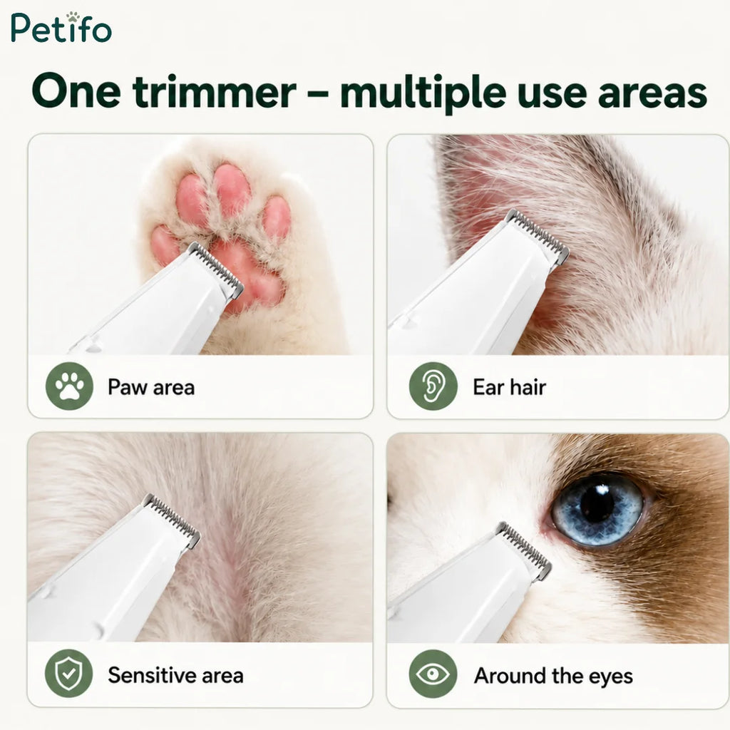 Four-panel display demonstrating versatile use areas of the trimmer including paw areas, ear hair, sensitive areas, and around the eyes.