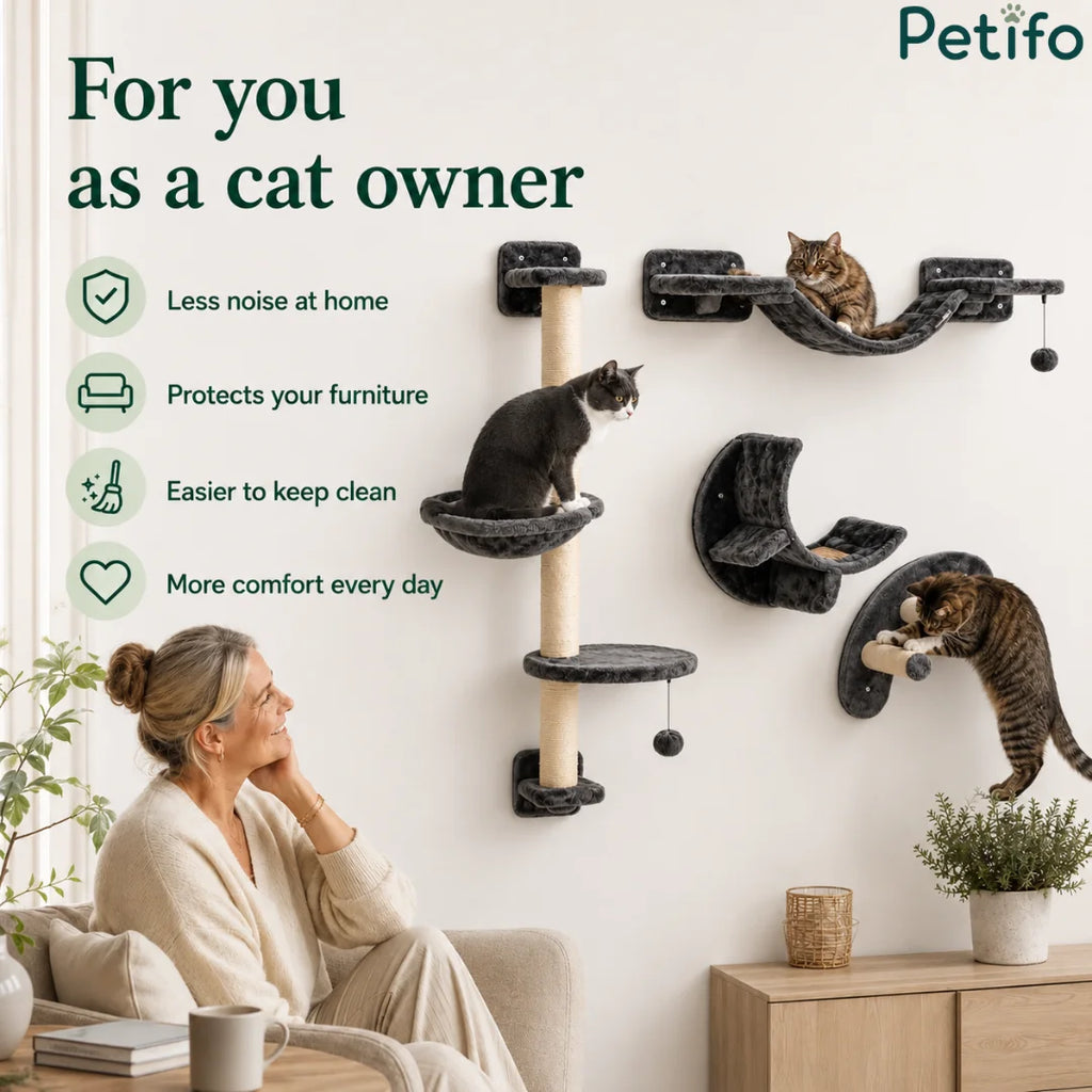 Smiling woman relaxing on a sofa at home while watching her cats play on a wall-mounted gray cat climbing system.
