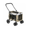  Petifo warm beige multi-pet stroller with a black frame showcasing a pug and a tabby cat riding comfortably.