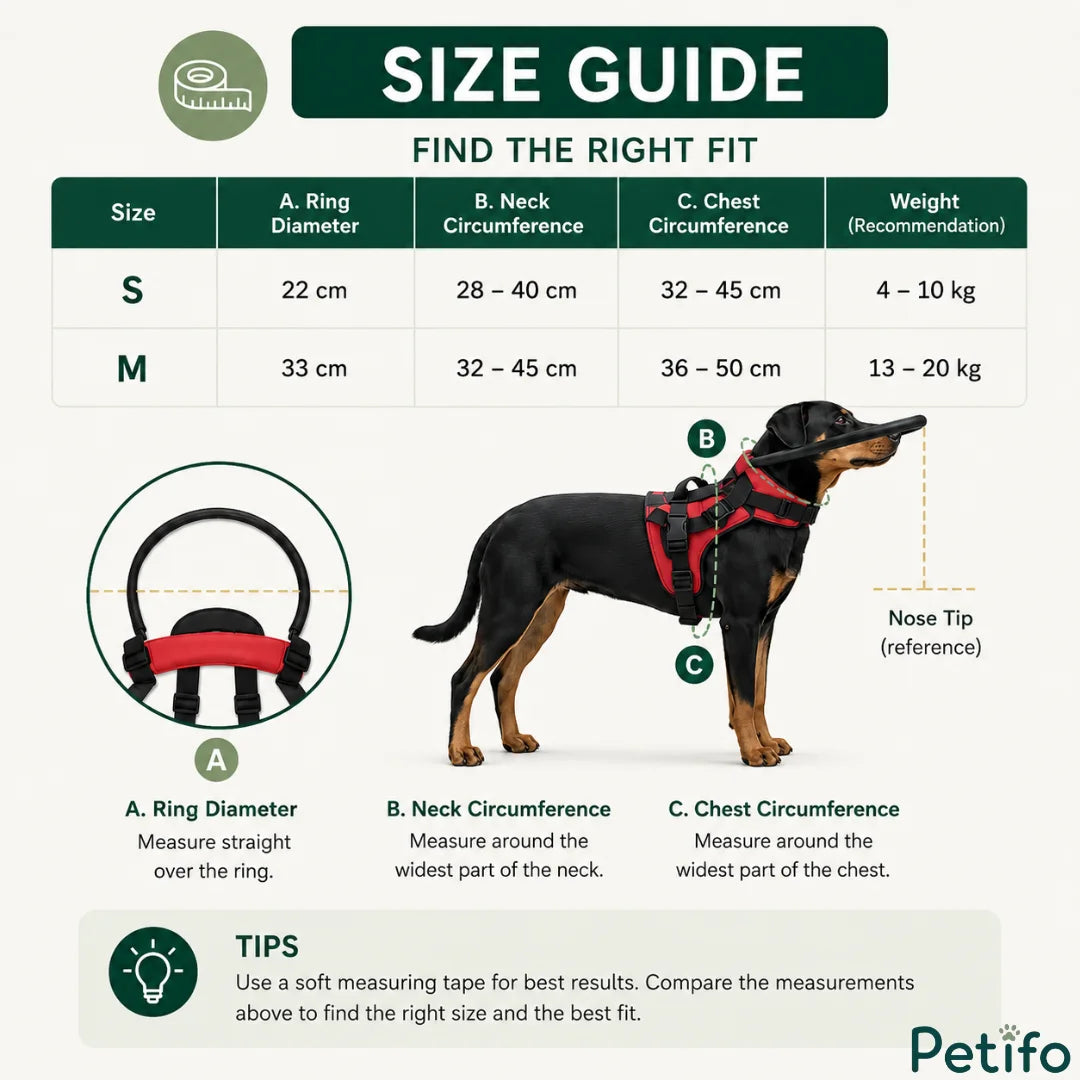 Size guide chart for the blind dog halo harness detailing ring diameter, neck circumference, chest circumference, and weight recommendations.