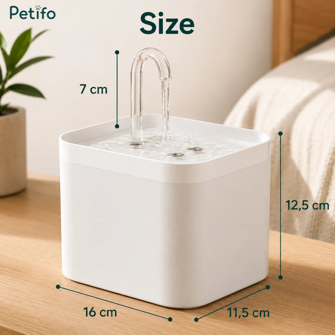 White Petifo cat water fountain with precise dimension measurements of 16 cm length, 11.5 cm width, 12.5 cm height, and a 7 cm water spout.
