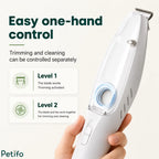 Hand holding the white vacuum pet trimmer illustrating level 1 trimming and level 2 simultaneous trimming and cleaning modes.