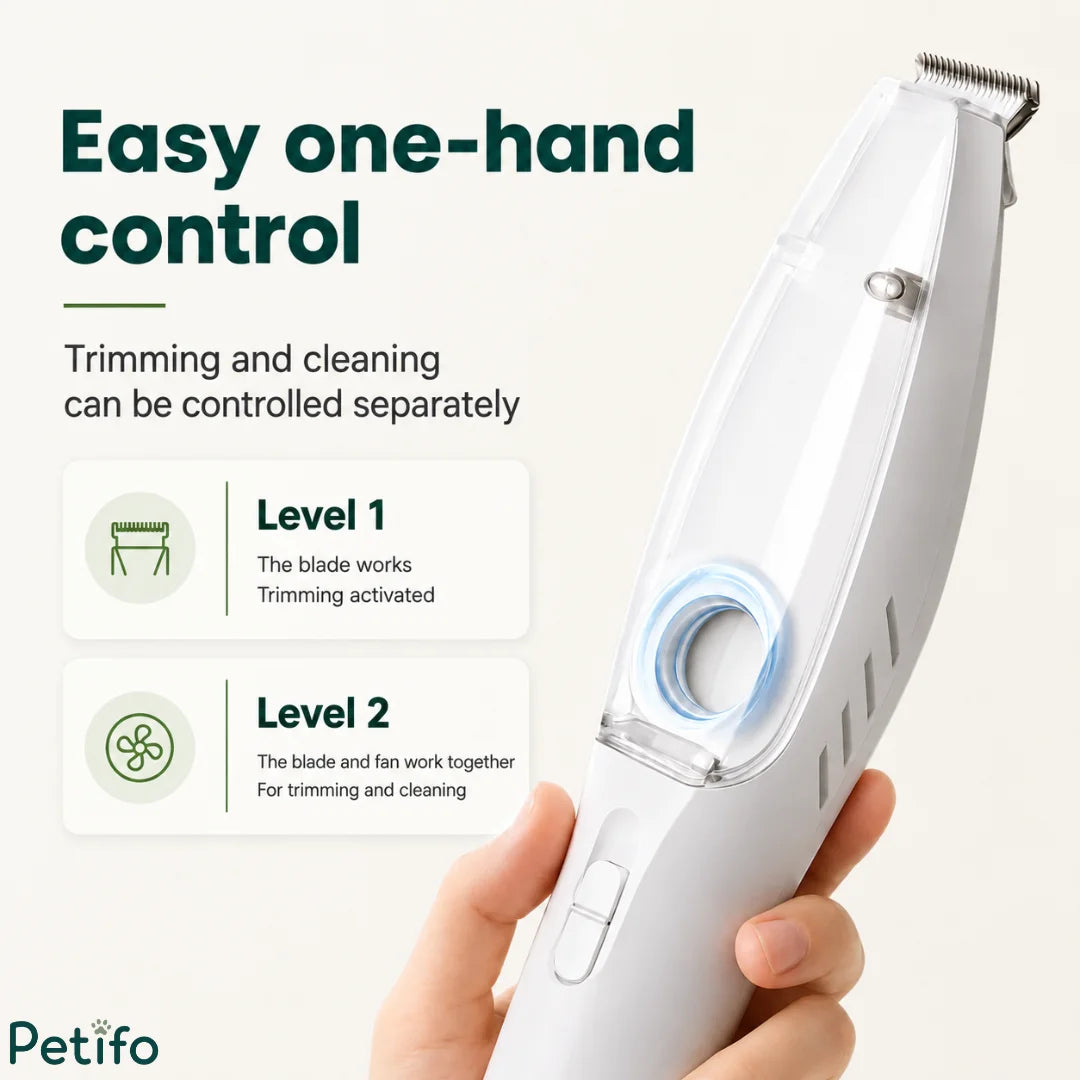 Hand holding the white vacuum pet trimmer illustrating level 1 trimming and level 2 simultaneous trimming and cleaning modes.