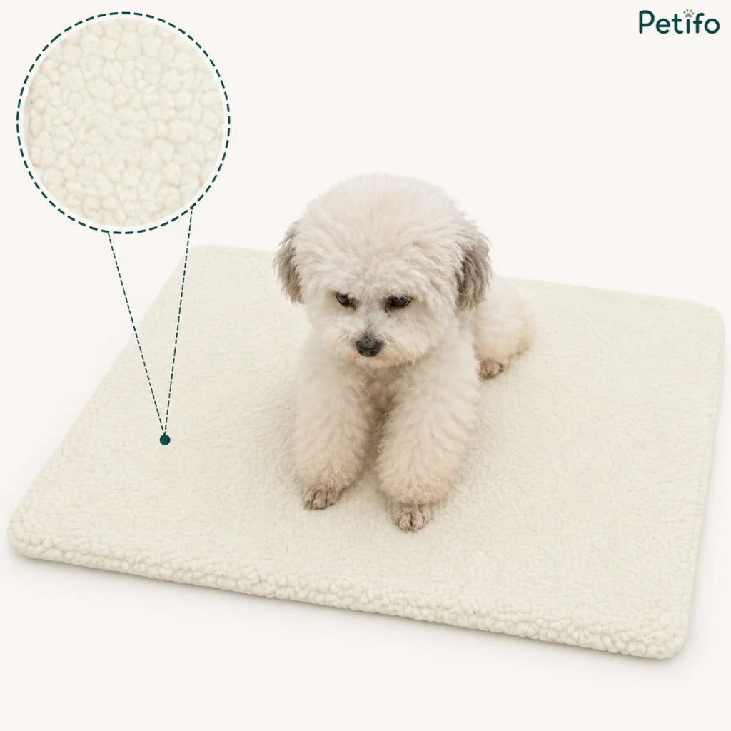 A small white fluffy dog sitting on a cream-colored self-warming pet mat, with a circular cutout highlighting the soft fleece texture.