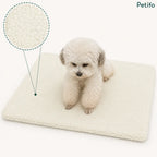 A small white fluffy dog sitting on a cream-colored self-warming pet mat, with a circular cutout highlighting the soft fleece texture.