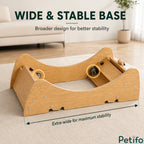Wide and stable wooden base of the Petifo cat wheel resting on a carpet, highlighting its extra-wide design and internal roller wheels.
