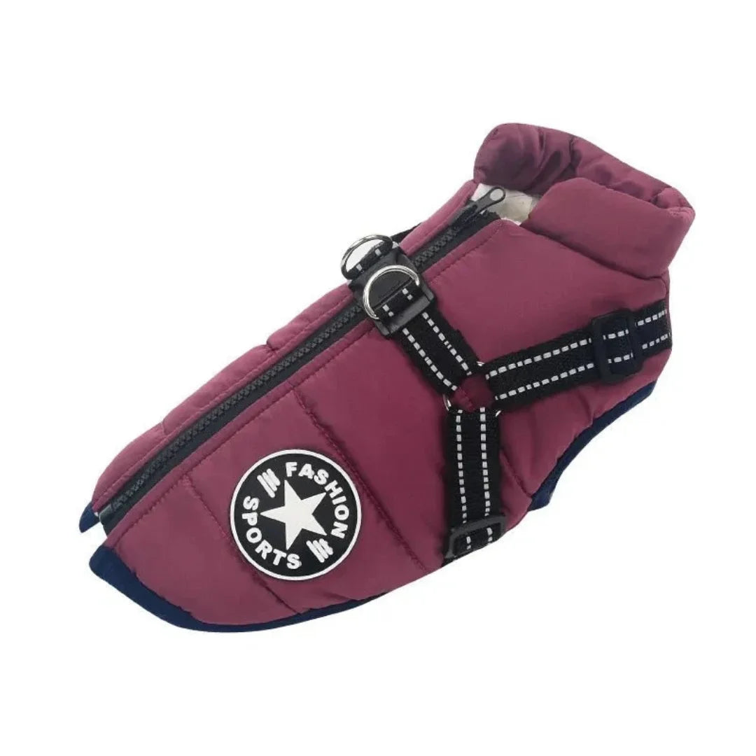Wine red thermal winter dog jacket with a secure metal leash ring and zipper.