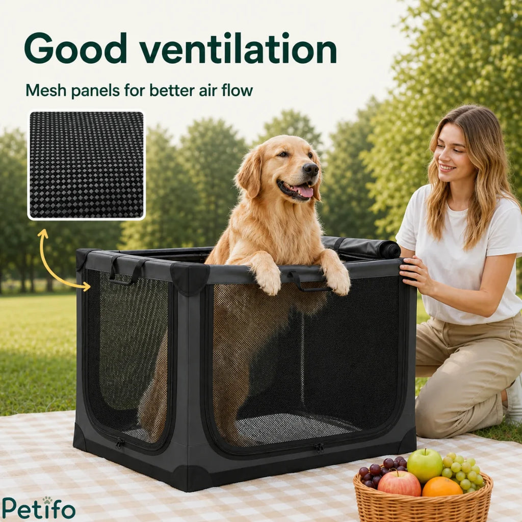 Close-up of high-quality woven mesh panels ensuring optimal ventilation and airflow on a portable outdoor pet enclosure.