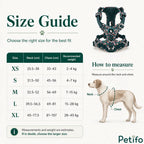 Comprehensive pet harness size chart and measurement guide displaying sizing dimensions from extra small to extra large alongside a visual dog reference.
