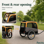 Grey and orange pet bike trailer highlighting the front and rear zippered openings for easy dog entry and exit.