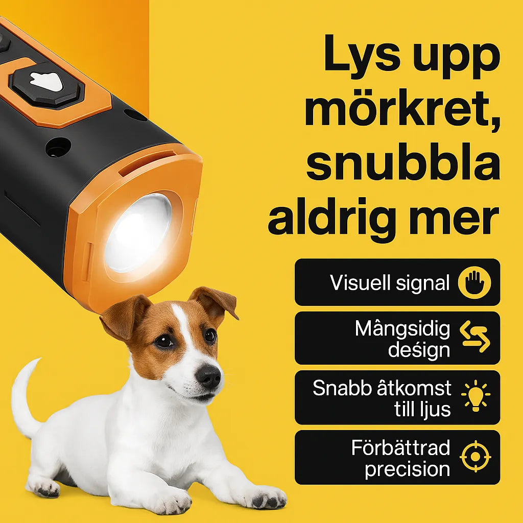 Promotional image for Petifo's anti-bark device with LED function – lights up in the dark with a visual signal, versatile design and quick access to light.