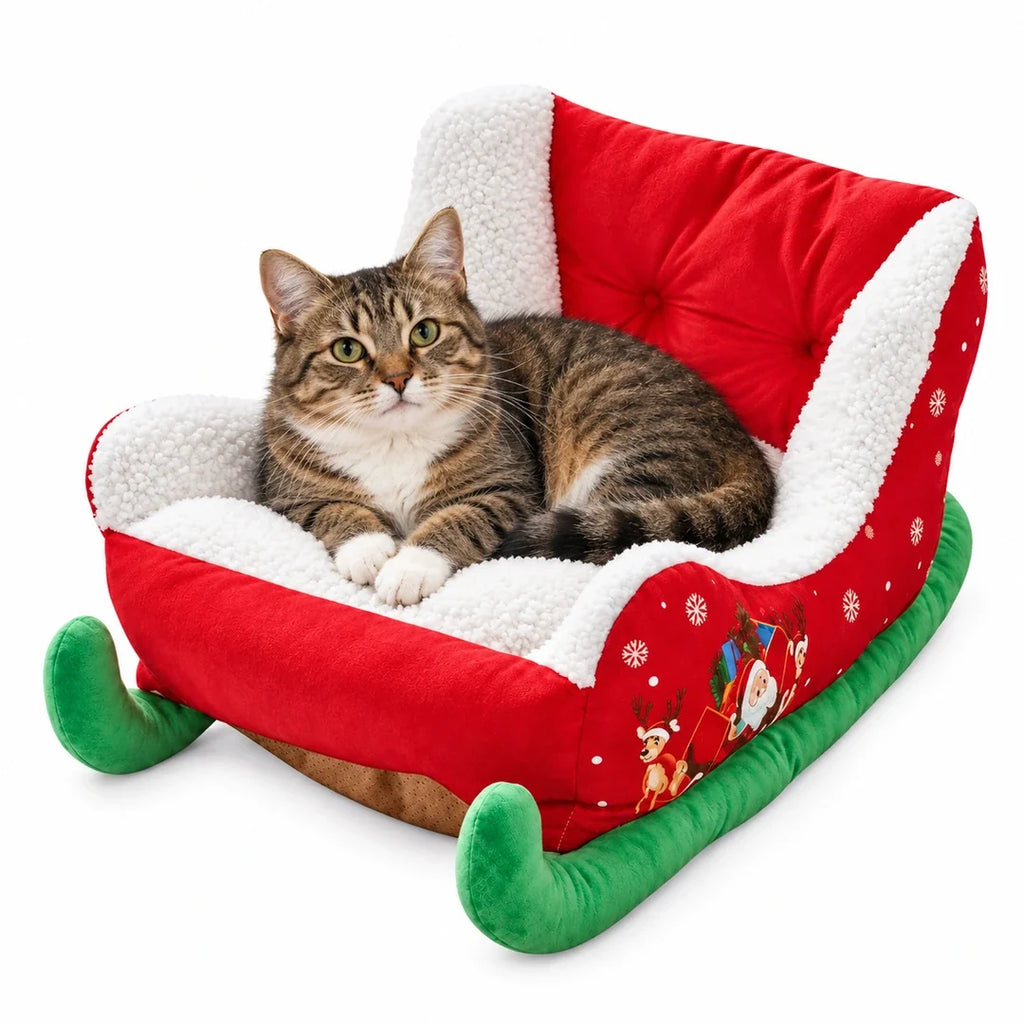 Christmas Sleigh Pet Bed in size M with a resting cat