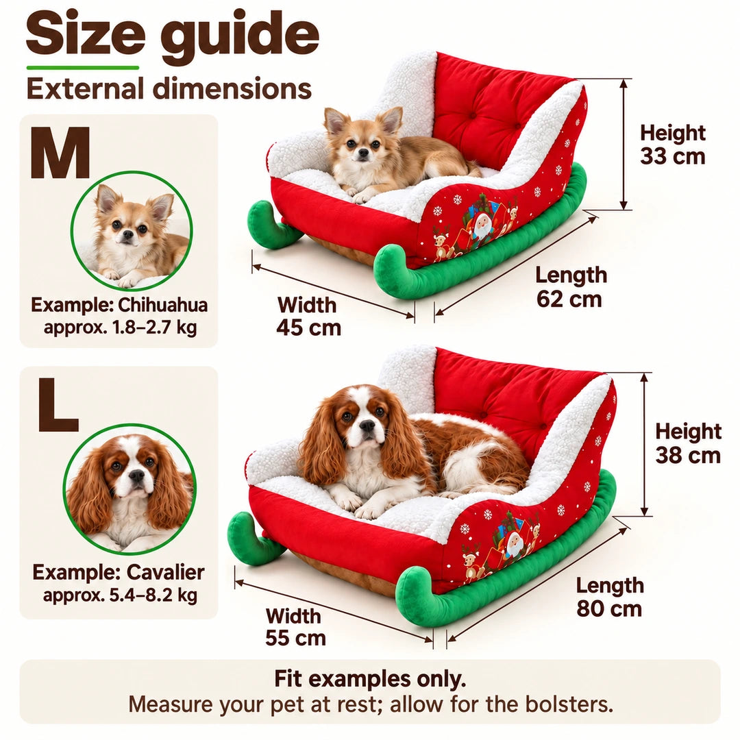 Christmas sleigh bed M and L external dimensions with approximate breed fit examples – Petifo