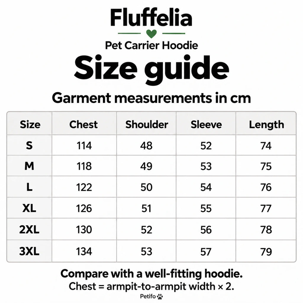 Fluffelia hoodie garment measurements in cm, S to 3XL - Petifo