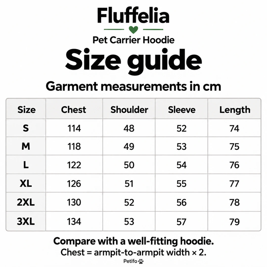 Fluffelia hoodie garment measurements in cm, S to 3XL - Petifo