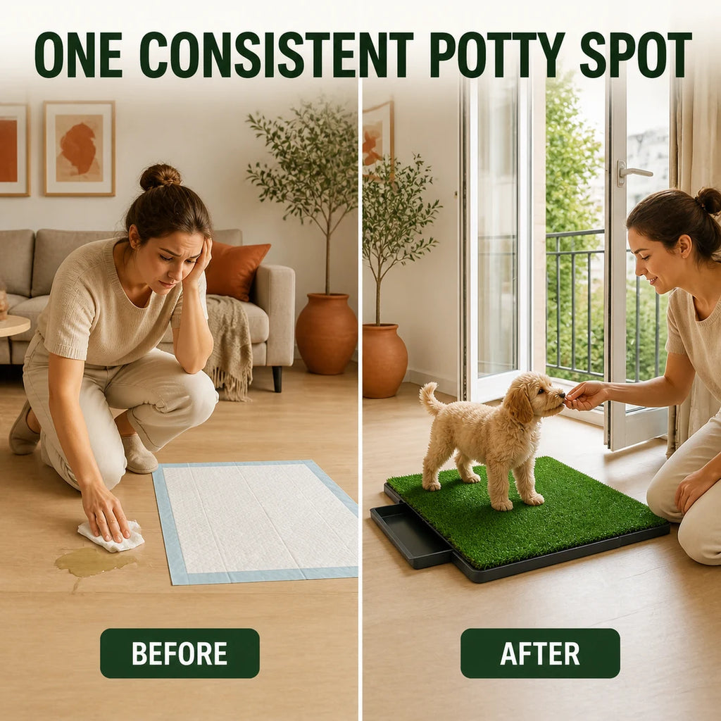 Voor en na zindelijkheidstraining van een puppy thuis