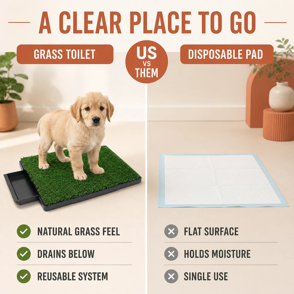 Herbruikbaar gras-hondentoilet vergeleken met een wegwerp-puppypad