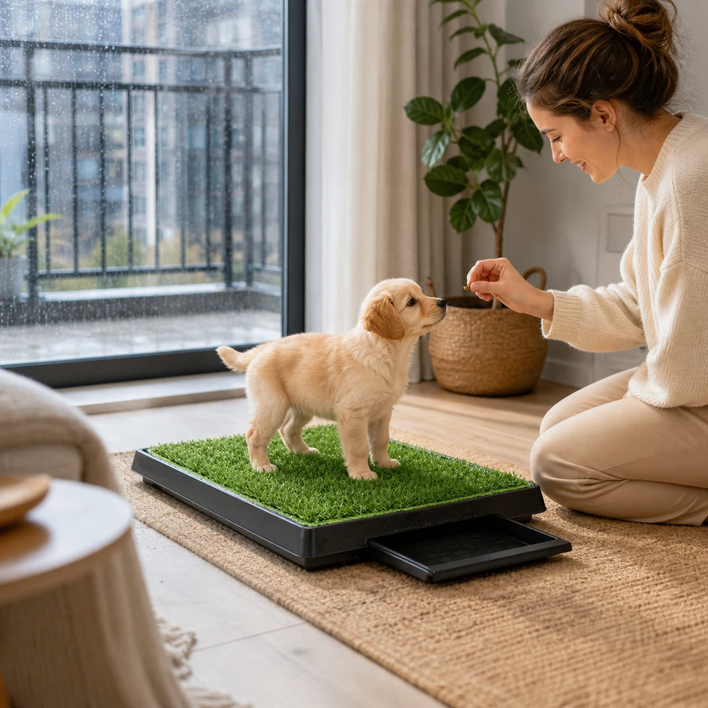 Puppy leert een gras-hondentoilet voor binnen te gebruiken