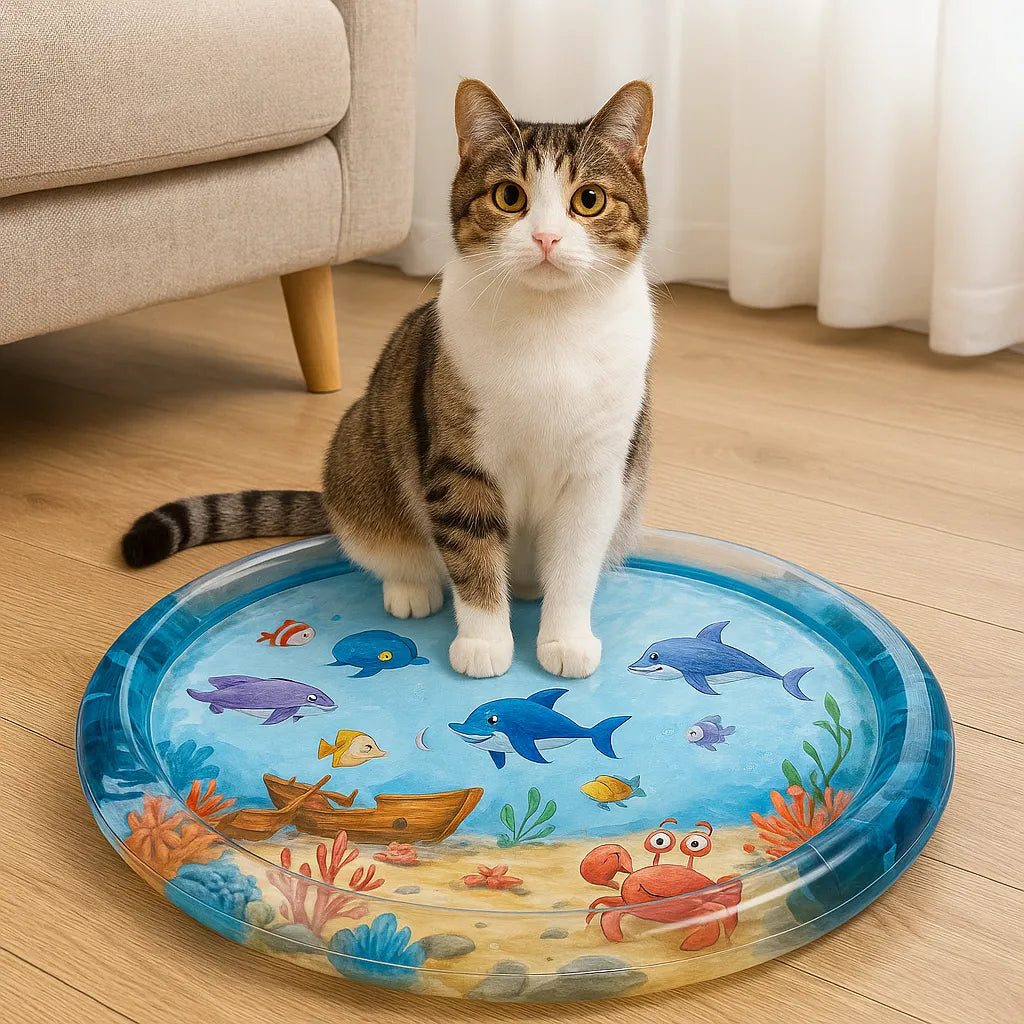 Cat sitting on a water-filled activity mat with a sea theme in a modern living room – perfect for indoor play and stimulation.
