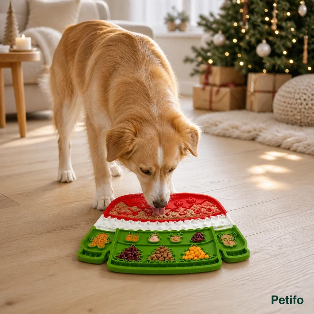 Hond geniet van de MerryLick kerst-likmat in een Scandinavisch interieur – Petifo