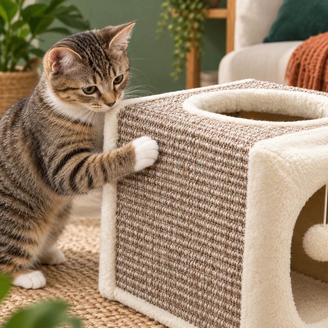PawHut 2-in-1 Cat Tunnel natural sisal scratching surface in use - Petifo