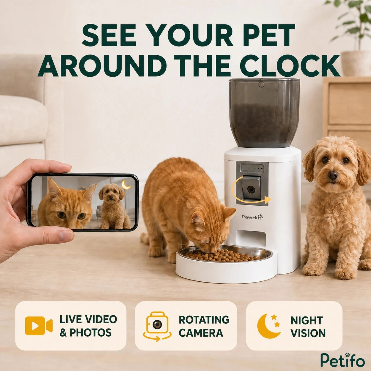 PawHut 4L camera feeder: Owner viewing pets through the feeder camera on a phone - Petifo