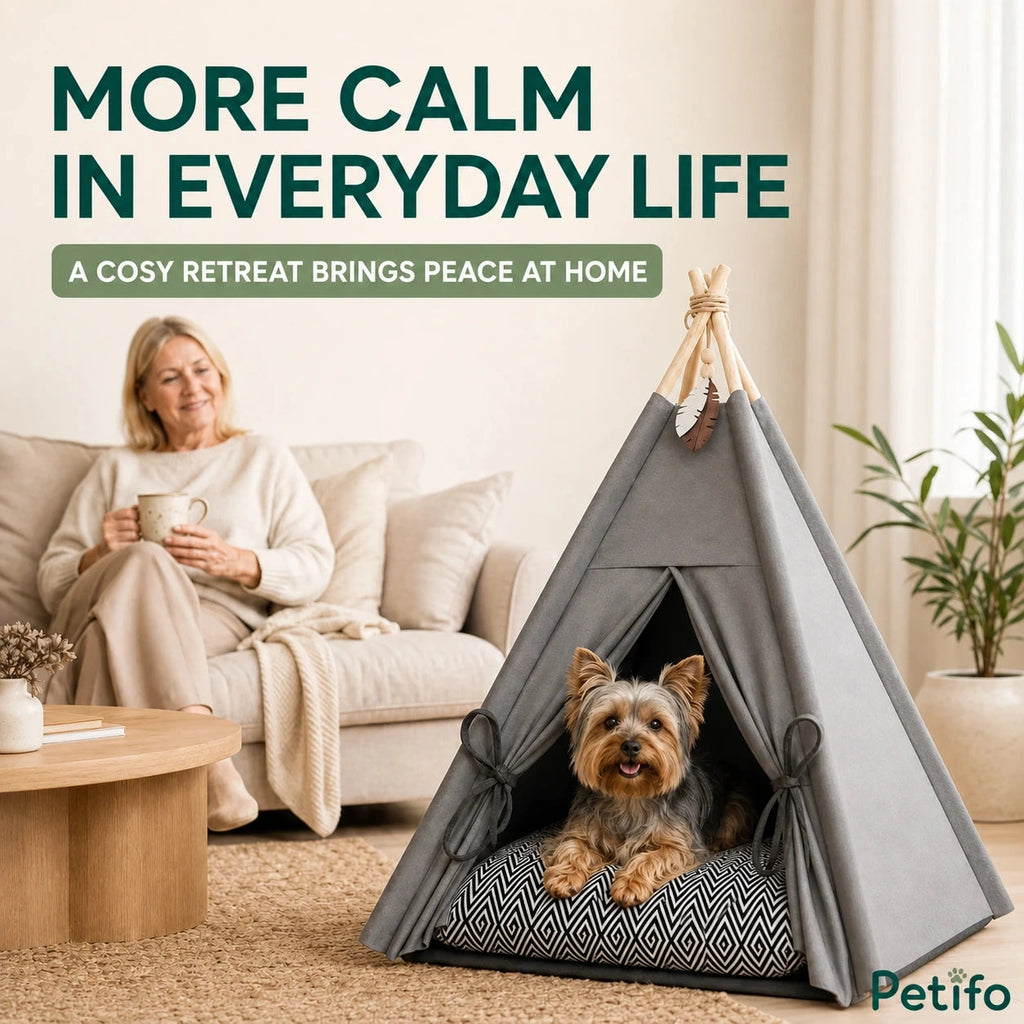 PawHut teepee pet bed: Small dog relaxing in a grey teepee bed beside its owner - Petifo