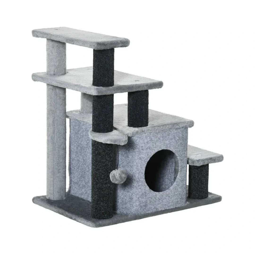 Grey PawHut 3-in-1 cat stairs, angled product view - Petifo