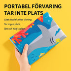 Hand holding a folded water mat with a shark theme against a yellow background – Swedish text shows the product is light, compact and easy to store.