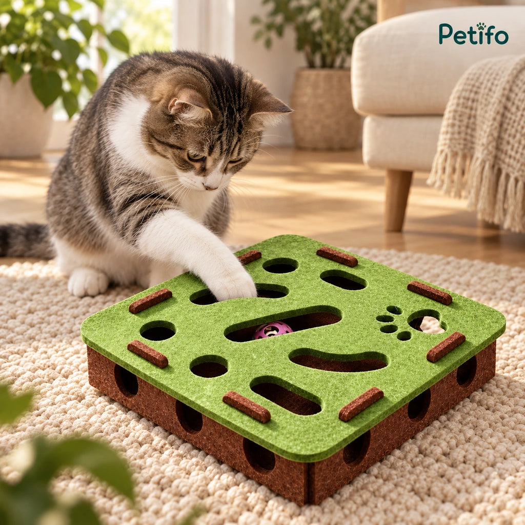 Cat actively hunting the hidden bell ball in the Purrnivo felt puzzle - Petifo