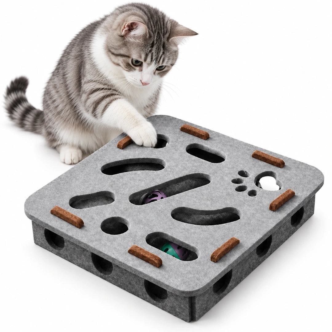 Grijze Purrnivo-vilten kattenpuzzel met een kat die naar de verborgen belbal reikt - Petifo