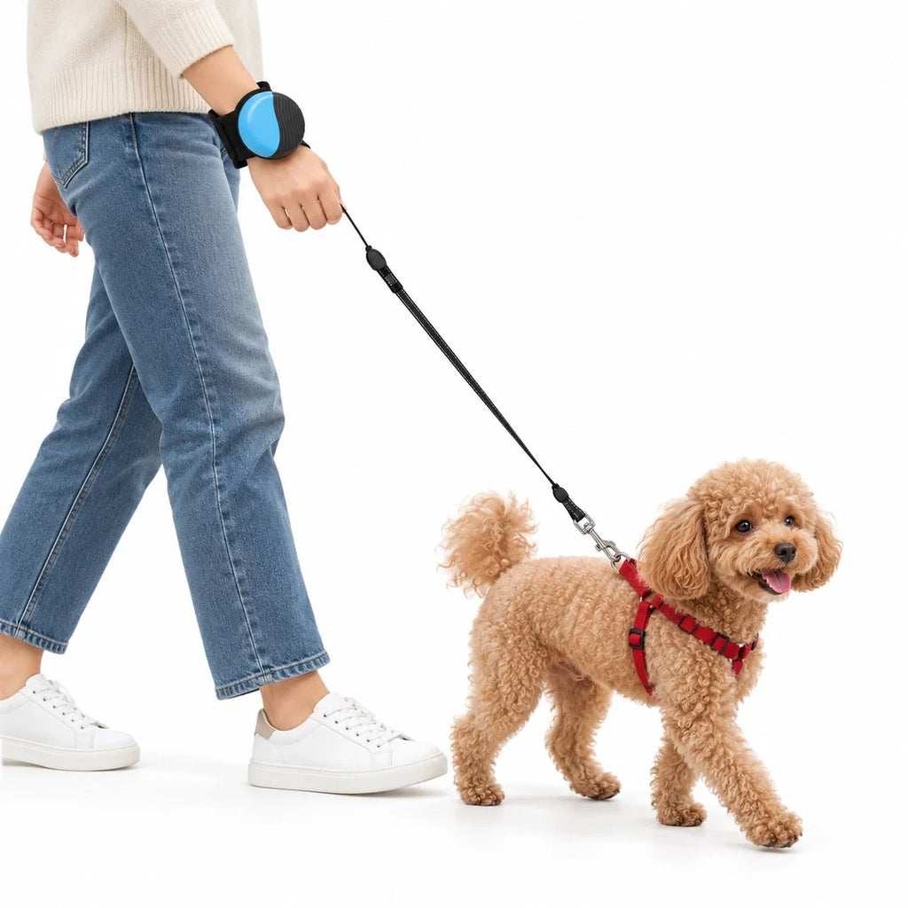 Blue wrist-mounted retractable dog lead in use – Petifo