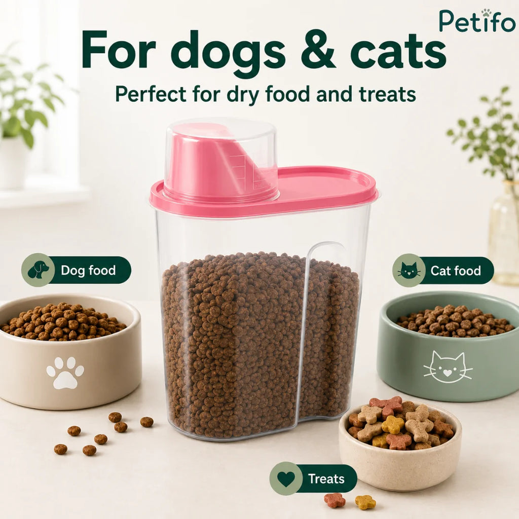 Pet food container displayed with dog food, cat food, and treats bowls suitable for both dogs and cats.