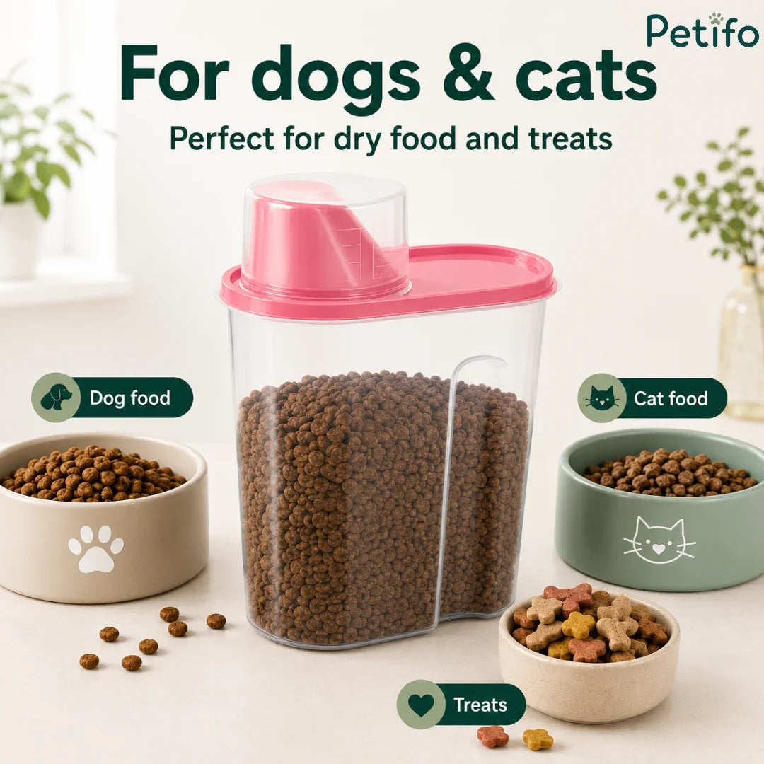 Pet food container displayed with dog food, cat food, and treats bowls suitable for both dogs and cats.