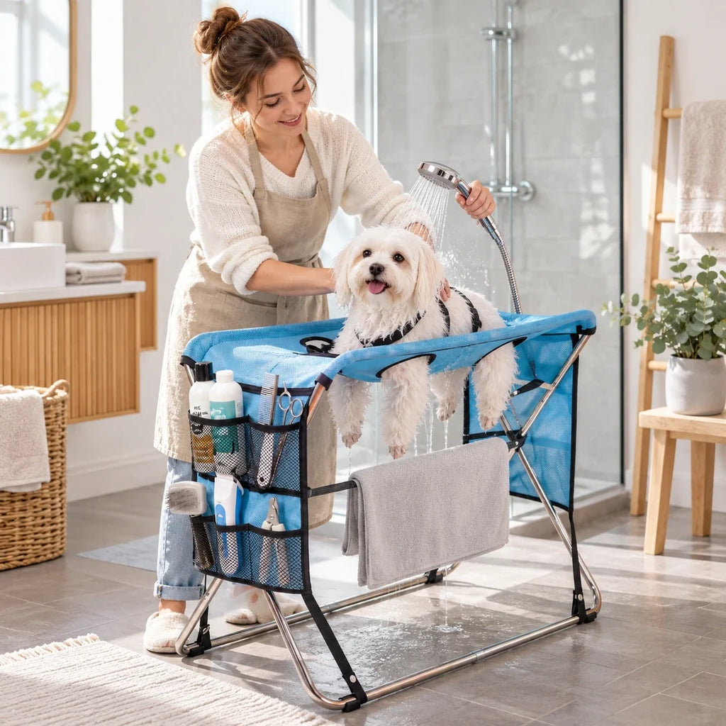 Owner bathing a calm dog on the blue TailCare grooming stand in a bathroom