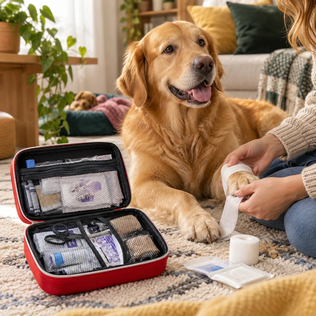 TryggPet Pet First Aid Kit - dog receiving temporary first aid at home - Petifo