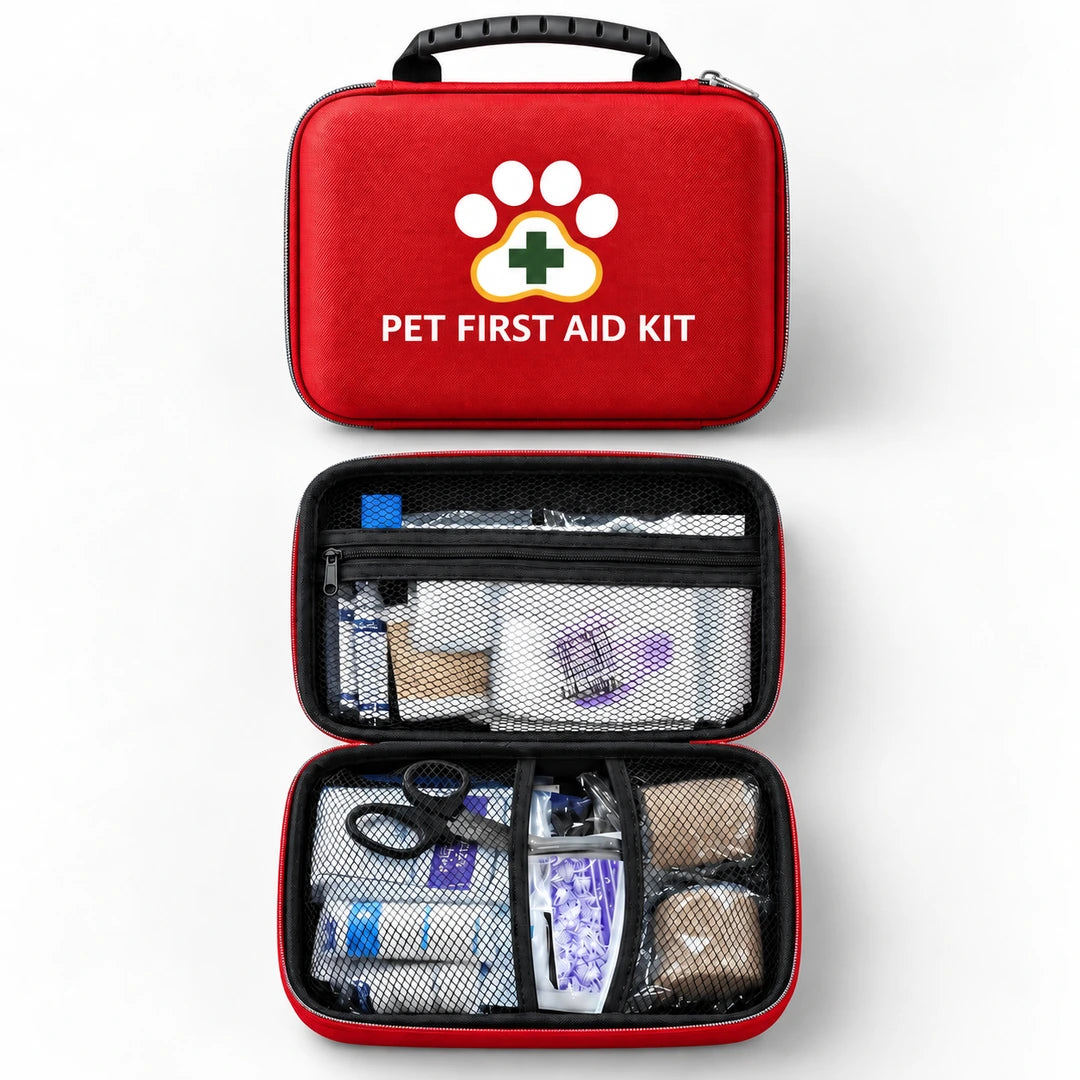 TryggPet Pet First Aid Kit shown closed and open with contents